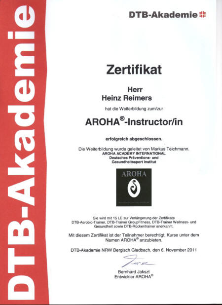 Abschluss der Aroha Ausbildung in Mülheim Heinz J. Reimers