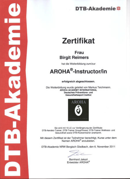 Abschluss der Aroha Ausbildung in Mülheim Birgit Reimers
