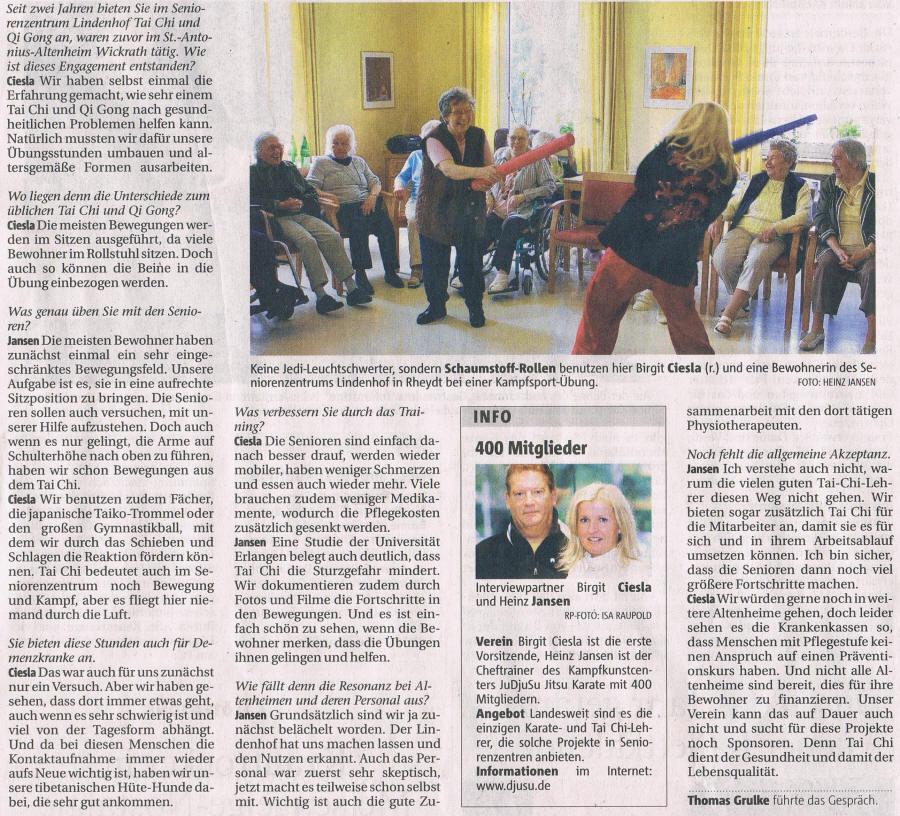 Rheinische Post Ausgabe Mönchengladbach Donnerstag den 10.12.2009 Altenheime und Tai Chi und Qi Gong.